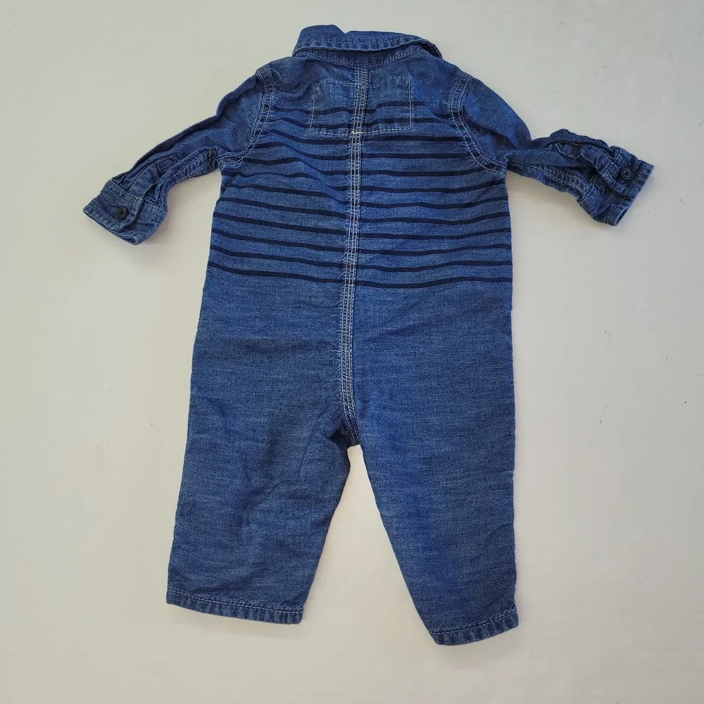 Baby Gap 1969 Coverall Infant 3-6 Month Blue Chambray Stripe Snap Bottom 1-Piece